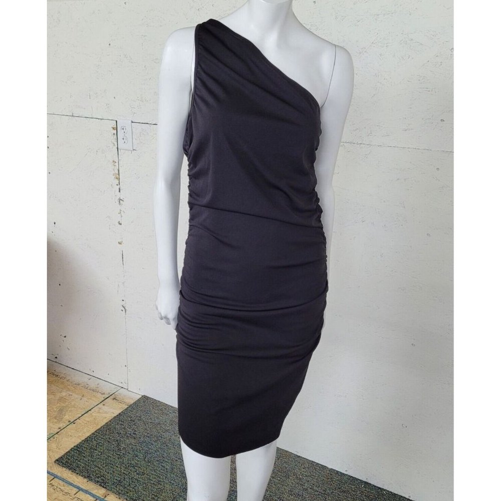 Grace Karin One Shoulder Dress Womens M Black Stretch Ruched Side‎ Midi New